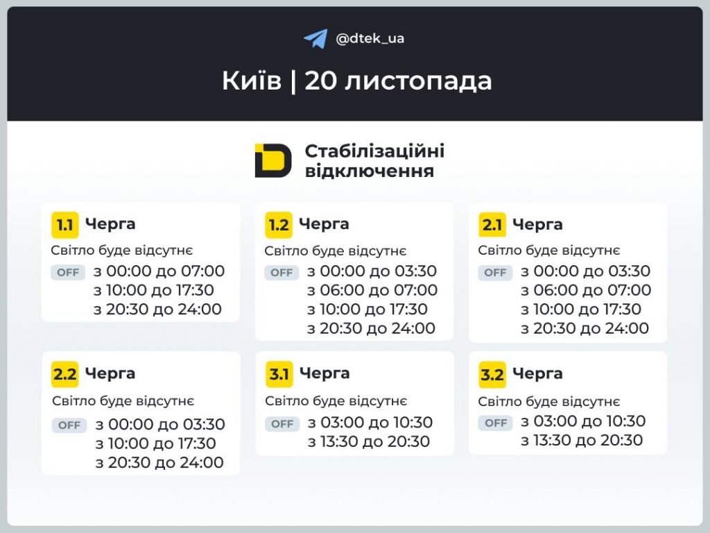 Відключення світла у Києві 20 листопада: який графік і черги сьогодні