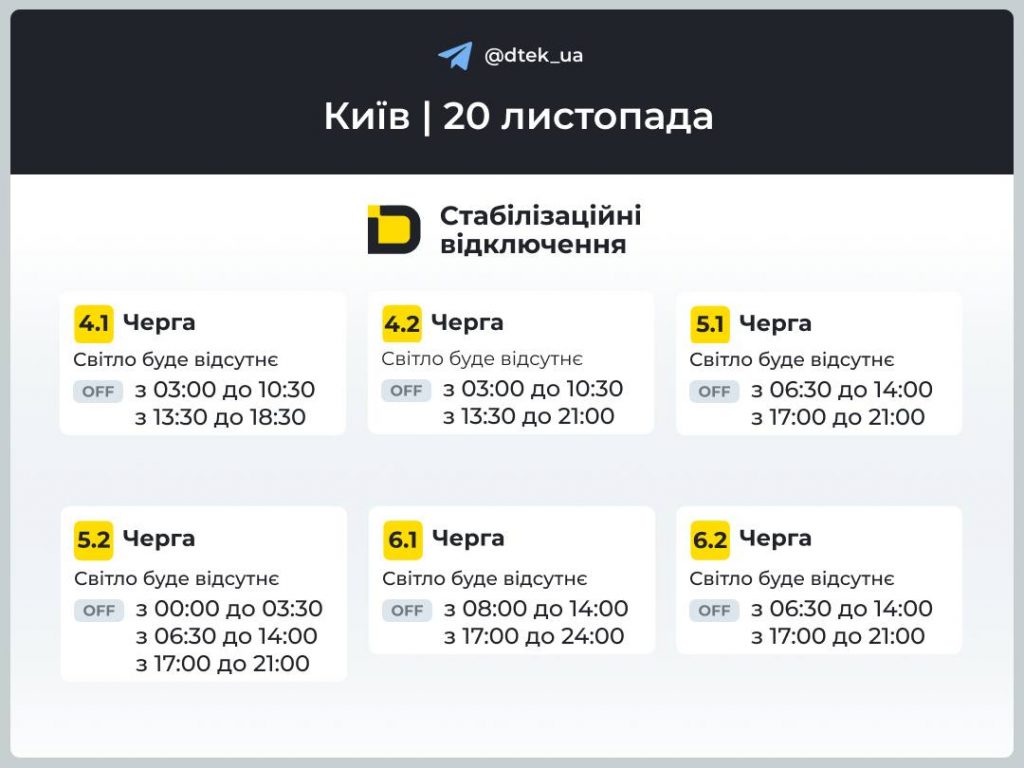 Відключення світла у Києві 20 листопада: який графік і черги сьогодні
