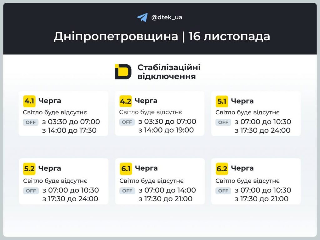 Відключення світла в Дніпрі та області сьогодні 16 листопада: графік і черги