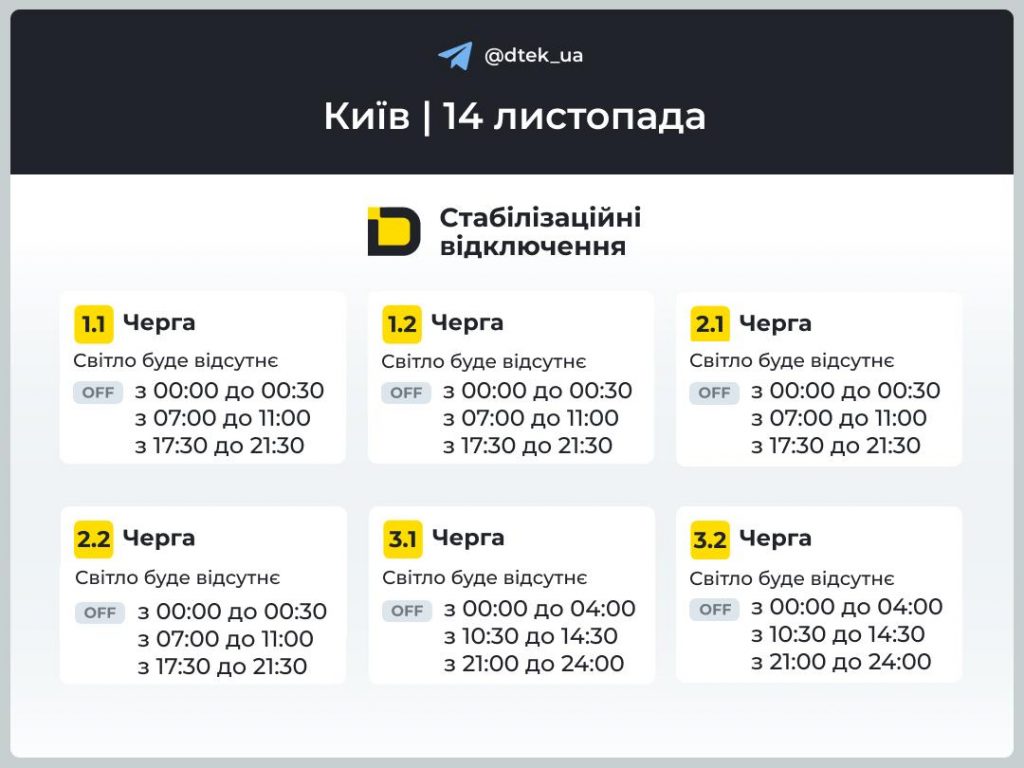 Відключення світла в Києві 14 листопада: оновлені графіки, коли вимкнуть електрику