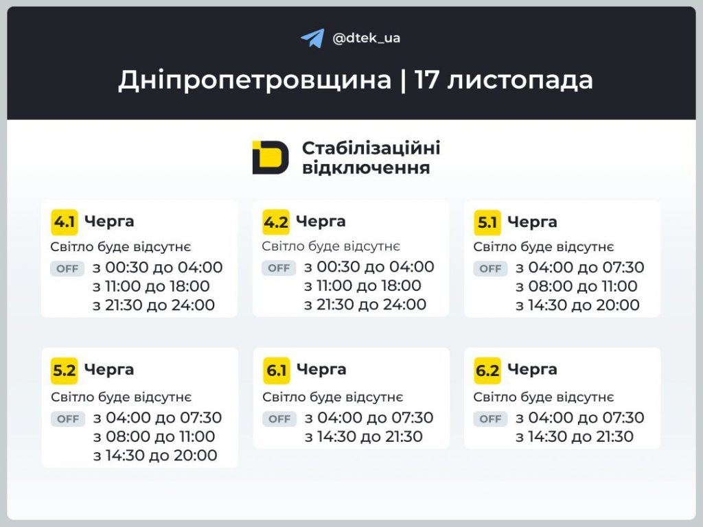 Відключення світла в Дніпрі та області 17 листопада: коли вимкнуть, графік і черги сьогодні