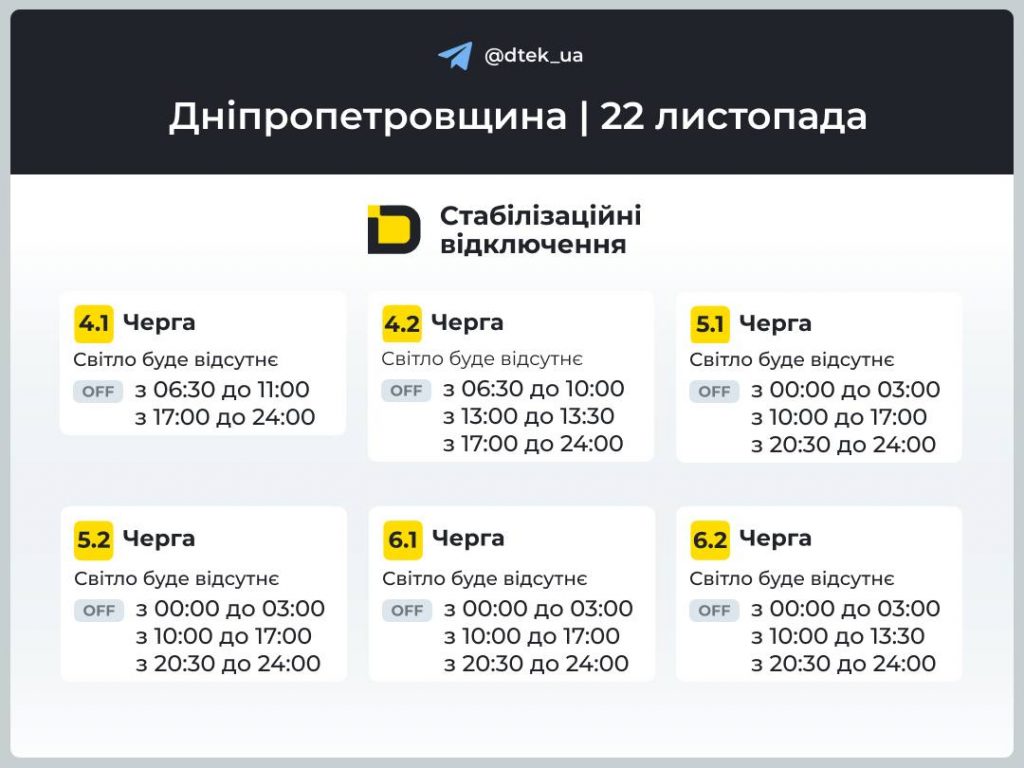 Відключення світла в Дніпрі та області 22 листопада: повний графік і черги сьогодні