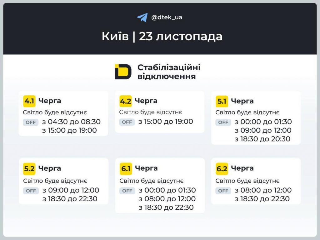 Відключення світла в Києві сьогодеі 23 листопада: актуальні графіки, черги та як підготуватися