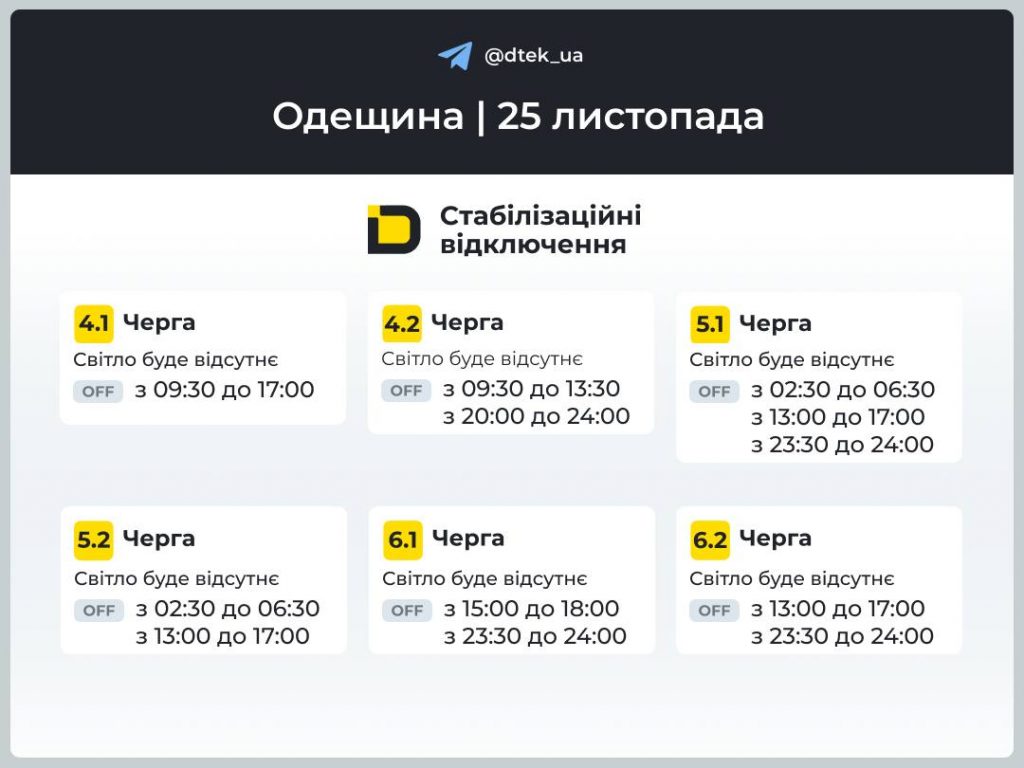 Відключення світла в Одесі і Одеській області сьогодні 25 листопада: які черги і графіки