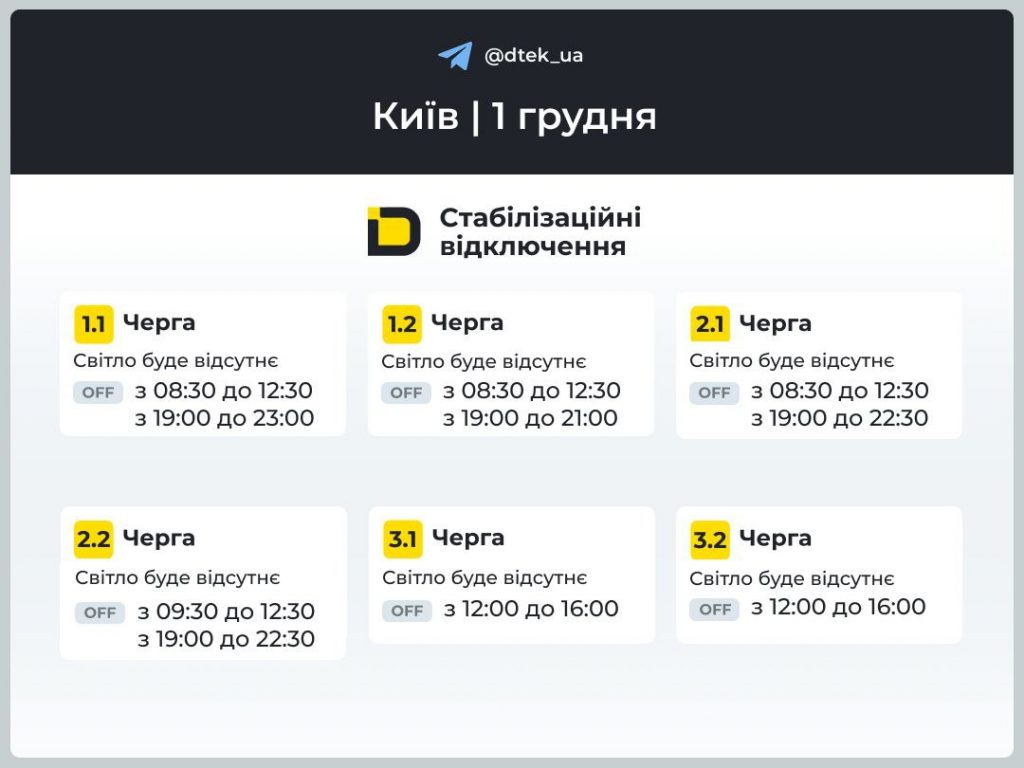 Графік відключень світла у Києві 1 грудня: кому і коли сьогодні вимкнуть електроенергію