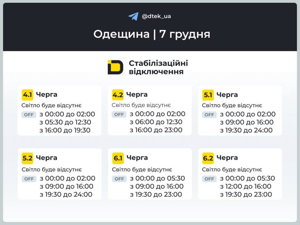 Відключення світла в Одесі та області сьогодні 7 грудня: черги і повний графік вимкнень
