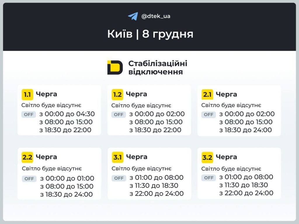 Відключення світла в Києві сьогодні 8 грудня: графіки всіх черг, коли вимкнуть