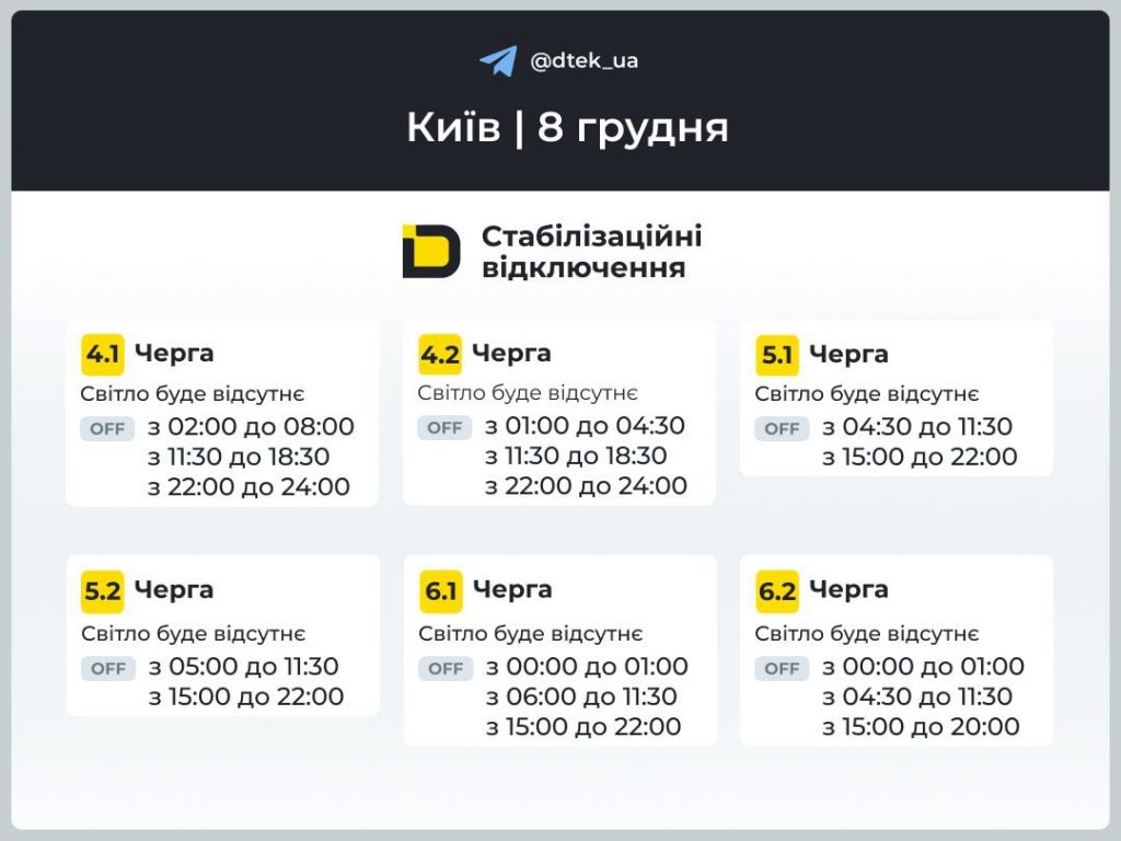 Відключення світла в Києві сьогодні 8 грудня: графіки всіх черг, коли вимкнуть