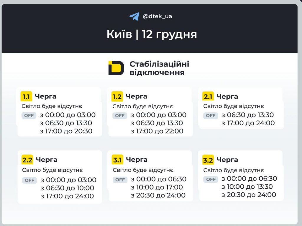 Відключення світла в Києві 12 грудня: повні графіки для всіх черг, коли не буде світла сьогодні