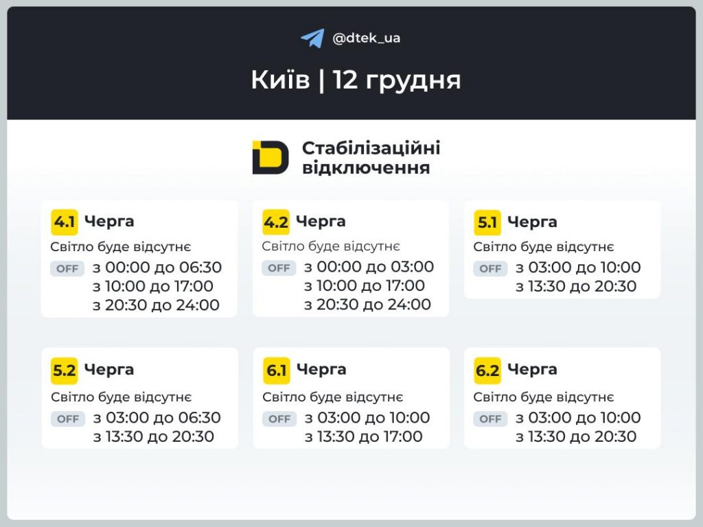 Відключення світла в Києві 12 грудня: повні графіки для всіх черг, коли не буде світла сьогодні