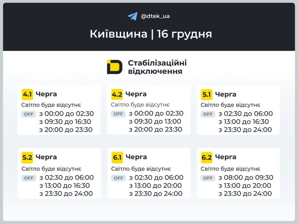 Відключення світла в Київській області 16 грудня: який графік сьогодні, повний розклад по чергах