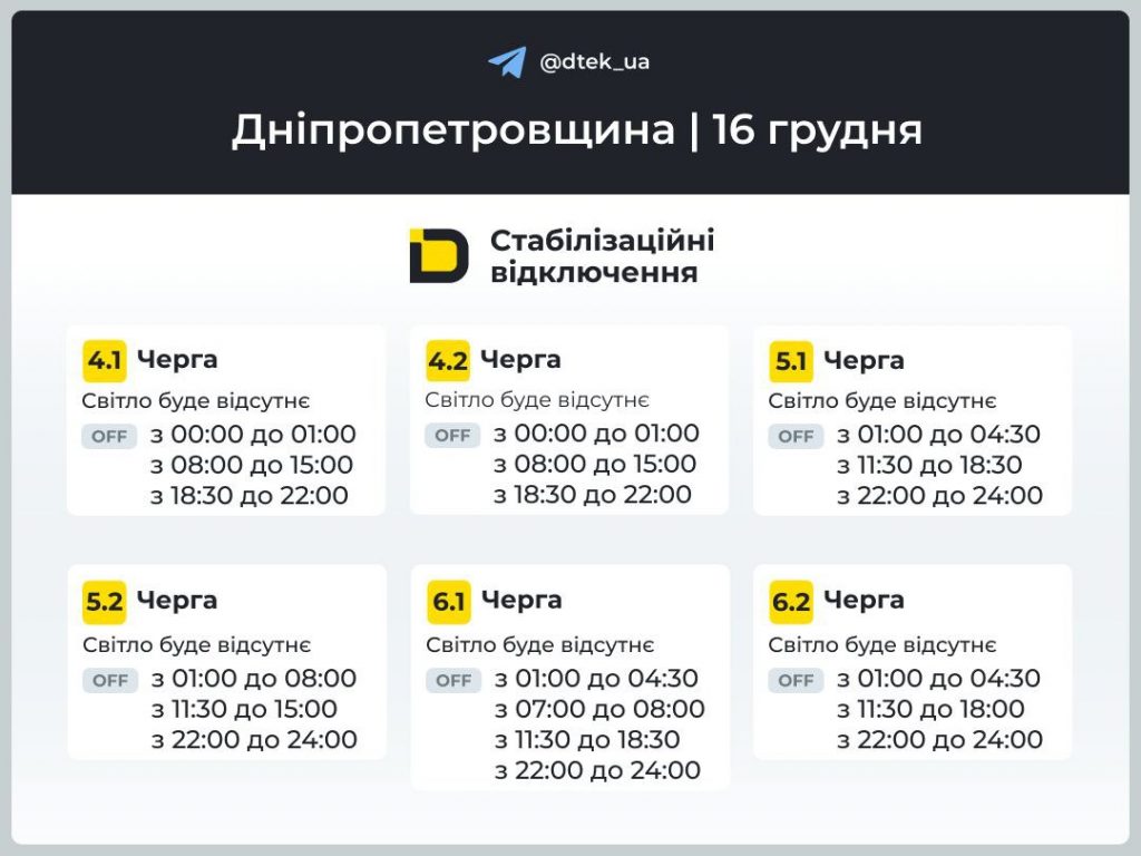 Відключення світла в Дніпрі та області сьогодні 16 грудня 2025: усі черги і графік