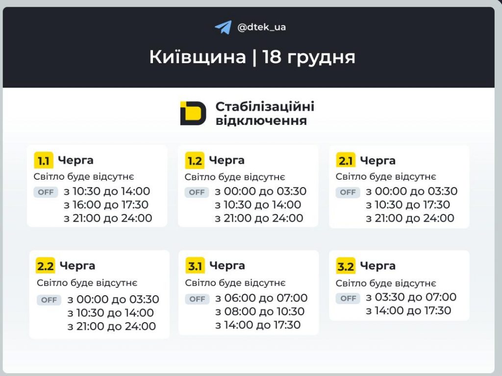 Відключення світла в Київській області 18 грудня: графік і черги сьогодні