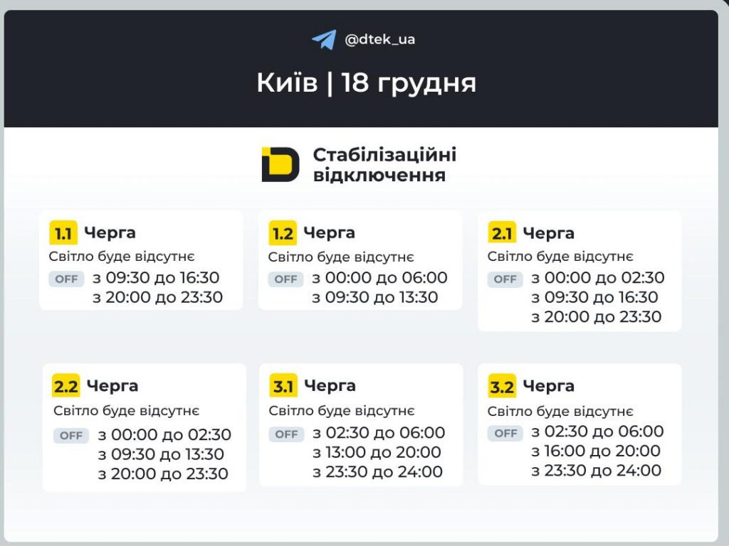 Графік відключень електроенергії в Києві на 18 грудня 2025: черги, коли не буде світла сьогодні