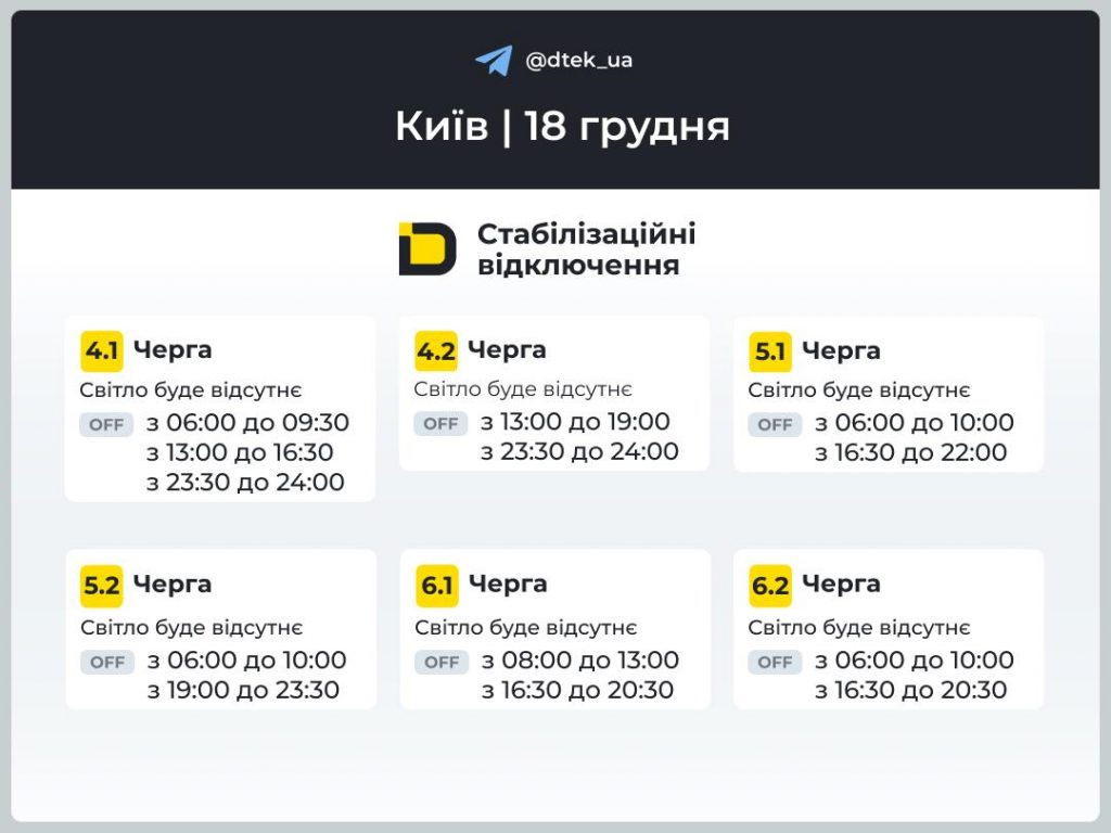 Графік відключень електроенергії в Києві на 18 грудня 2025: черги, коли не буде світла сьогодні