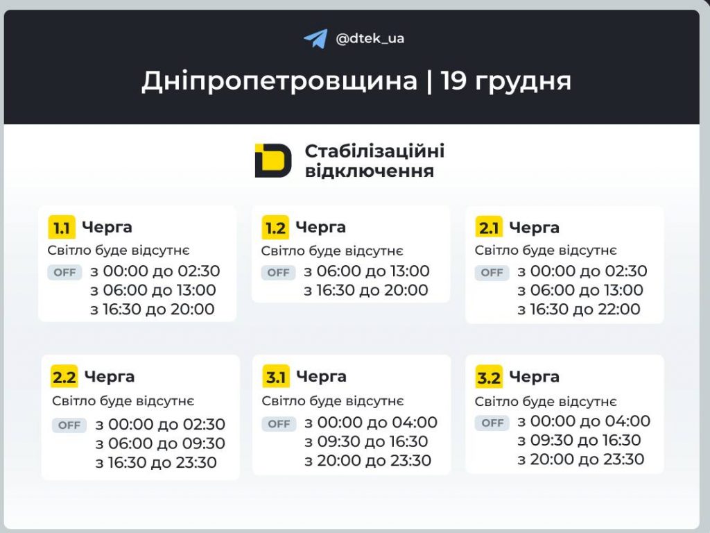 Відключення світла в Дніпрі та області 19 грудня: коли не буде світла сьогодні, повний графік