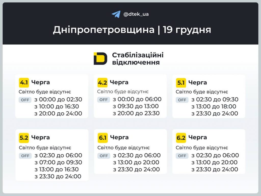 Відключення світла в Дніпрі та області 19 грудня: коли не буде світла сьогодні, повний графік