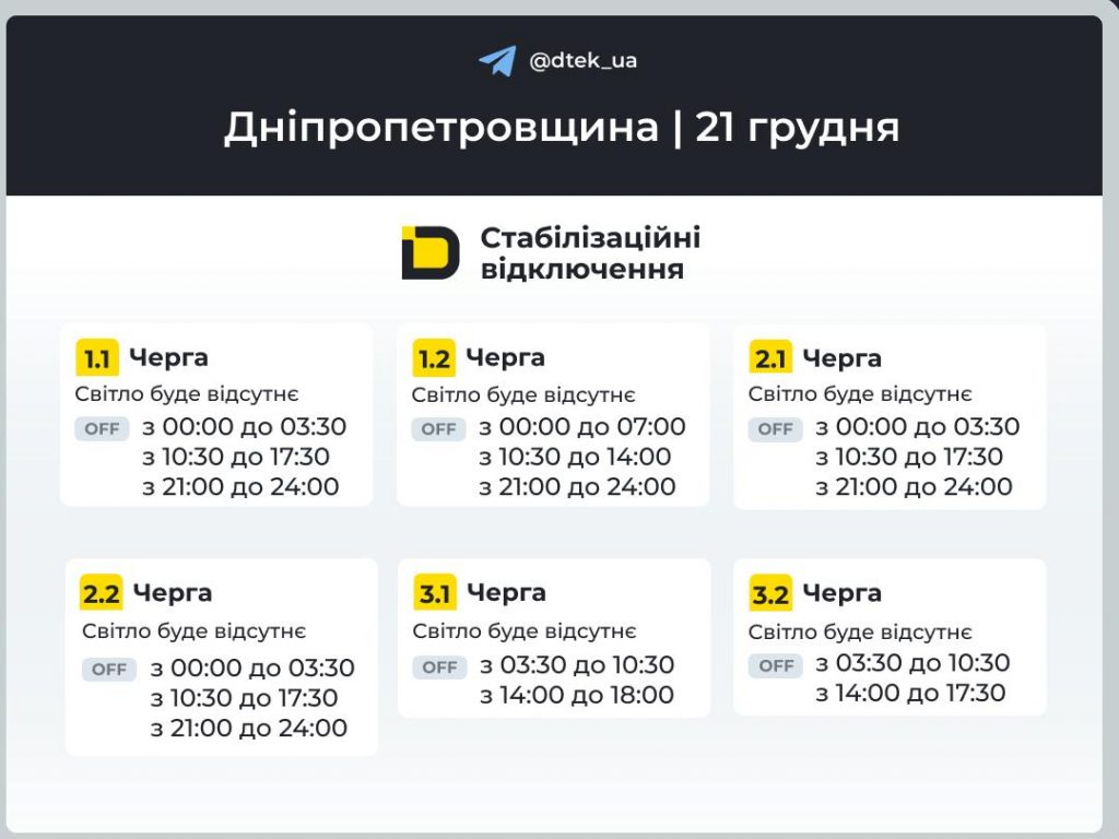Відключення світла в Дніпрі та області 21 грудня: повний графік сьогодні