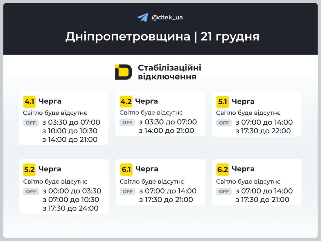Відключення світла в Дніпрі та області 21 грудня: повний графік сьогодні