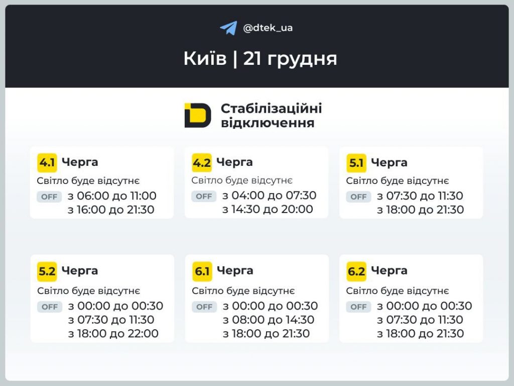 Відключення світла в Києві сьогодні 21 грудня: повний графік для всіх черг