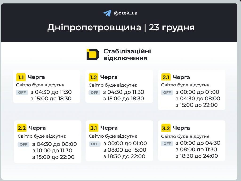 Відключення світла в Дніпрі та області 23 грудня: повний графік сьогодні і черги
