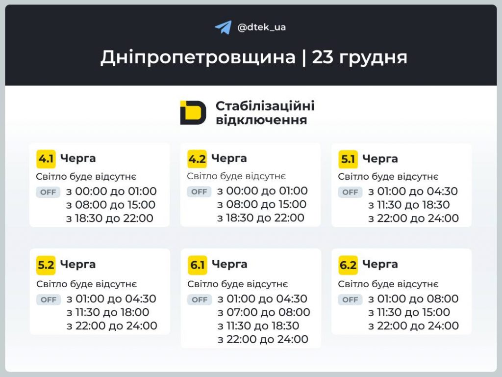 Відключення світла в Дніпрі та області 23 грудня: повний графік сьогодні і черги