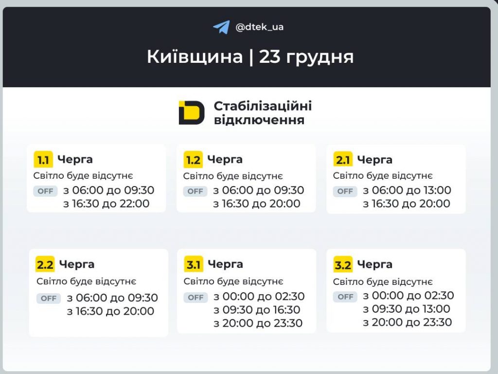 Графік відключень електроенергії на Київщині на вівторок, 23 грудня: коли не буде світла сьогодні, черги