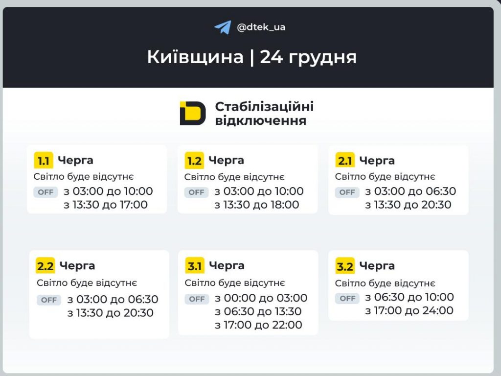 Графік відключень світла на Київщині у середу, 24 грудня: коли не буде світла сьогодні, які черги