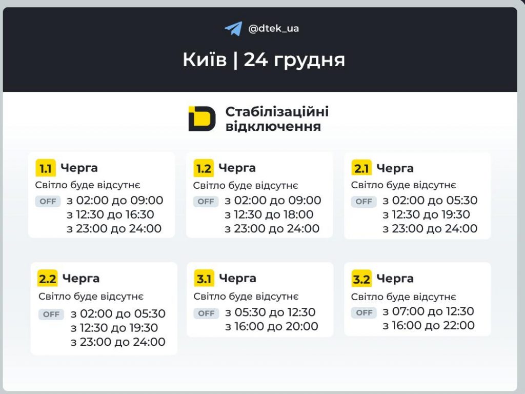 Відключення світла в Києві сьогодні 24 грудня 2025: повний графік по чергах