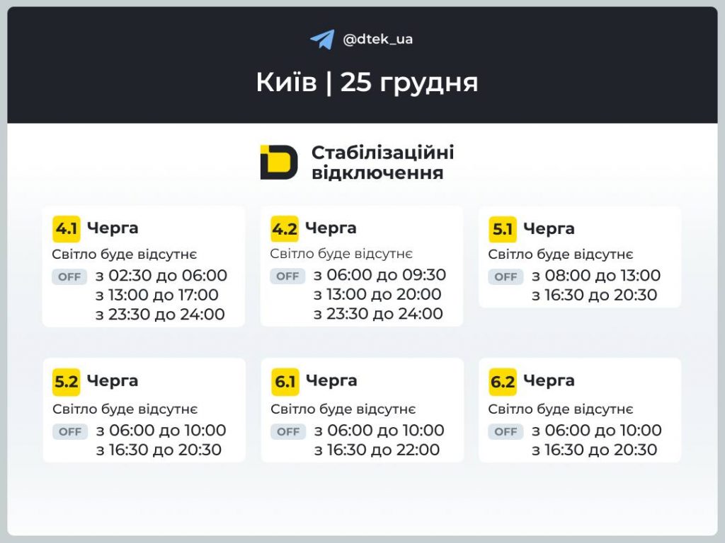 Відключення світла в Києві 25 грудня 2025: повний графік по чергах сьогодні