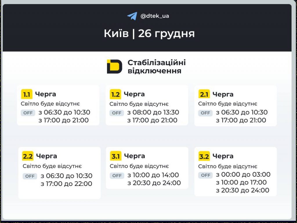 Коли не буде світла в Києві 26 грудня 2025: черги і графік відключень сьогодні