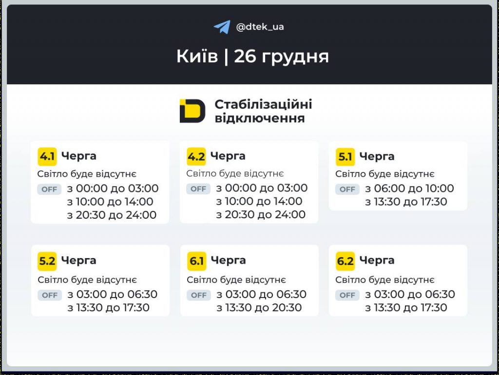 Коли не буде світла в Києві 26 грудня 2025: черги і графік відключень сьогодні
