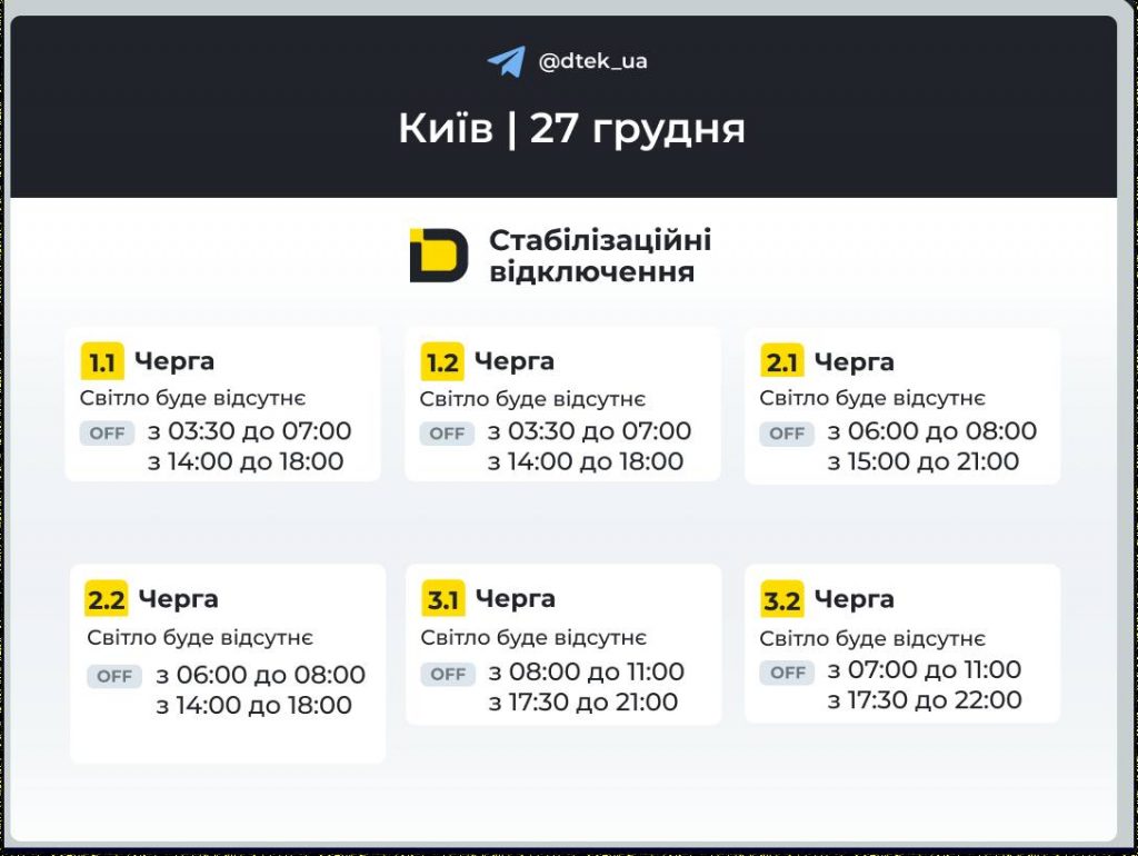 Відключення світла в Києві сьогодні 27 грудня 2025: повний графік і черги
