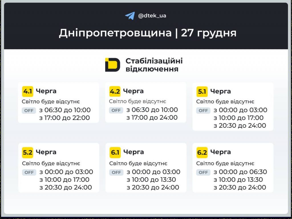 Відключення світла в Дніпрі та області 27 грудня: повний графік і черги