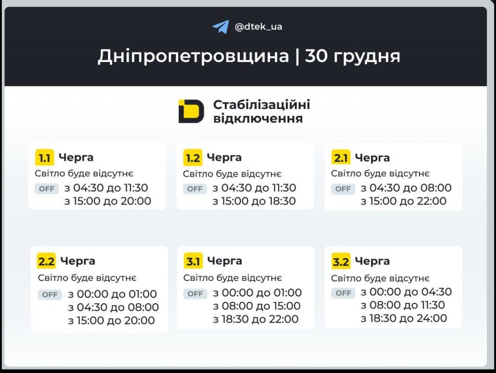 Відключення світла в Дніпрі та області 30 грудня 2025: повний графік і черги сьогодні