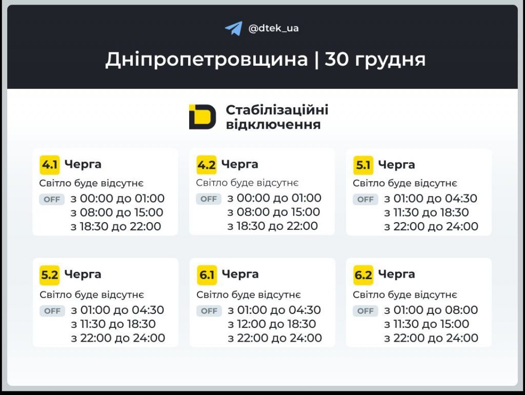 Відключення світла в Дніпрі та області 30 грудня 2025: повний графік і черги сьогодні