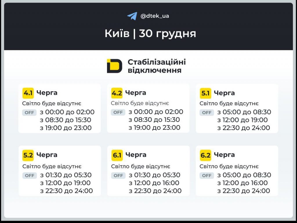 Відключення світла в Києві сьогодні 30 грудня 2025: графік для правого берега