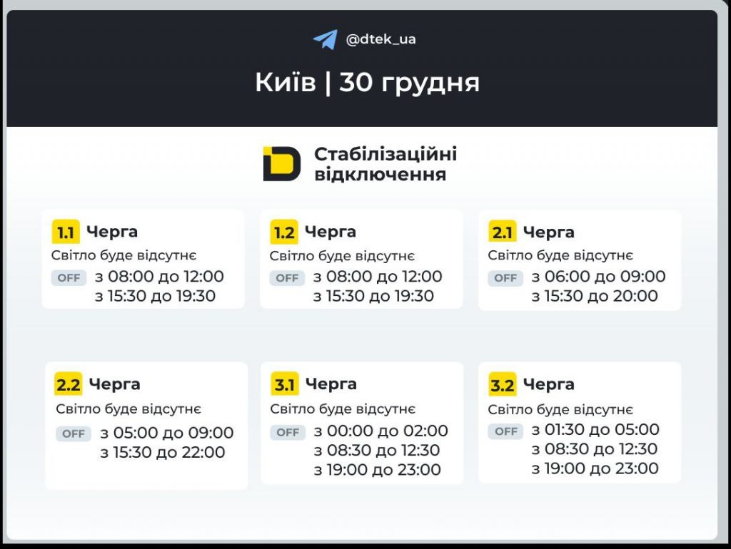 Відключення світла в Києві сьогодні 30 грудня 2025: графік для правого берега