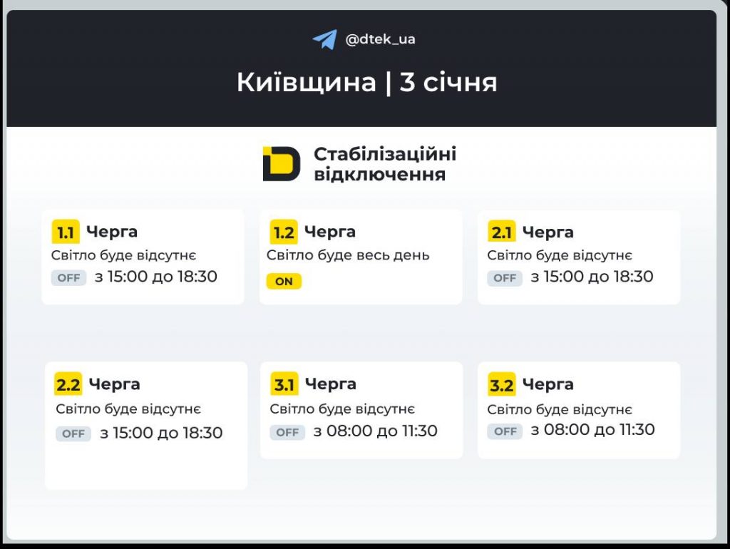 Графік відключень світла в Київській області на 3 січня 2026: черги і час вимкнень сьогодні