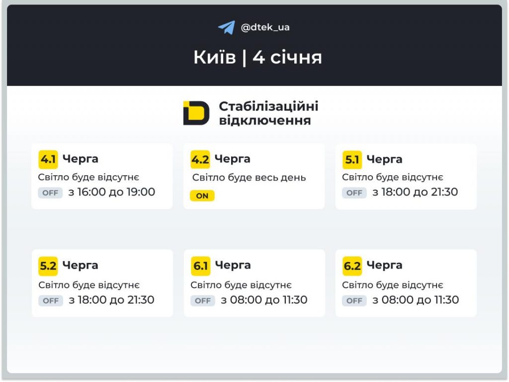 Відключення світла в Києві сьогодні 4 січня 2026: повний графік і черги