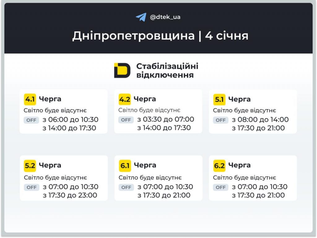 Відключення світла в Дніпрі та області 4 січня 2026: повний графік і черги сьогодні