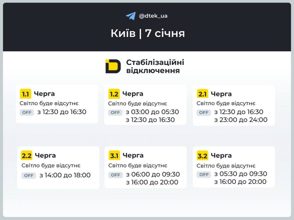 Відключення світла в Києві сьогодні 7 січня 2026: повний графік для всіх черг