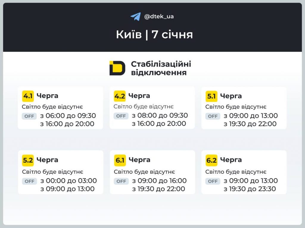 Відключення світла в Києві сьогодні 7 січня 2026: повний графік для всіх черг