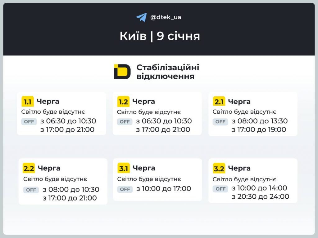 Відключення світла у Києві сьогодні 9 січня 2026: детальний графік по чергах
