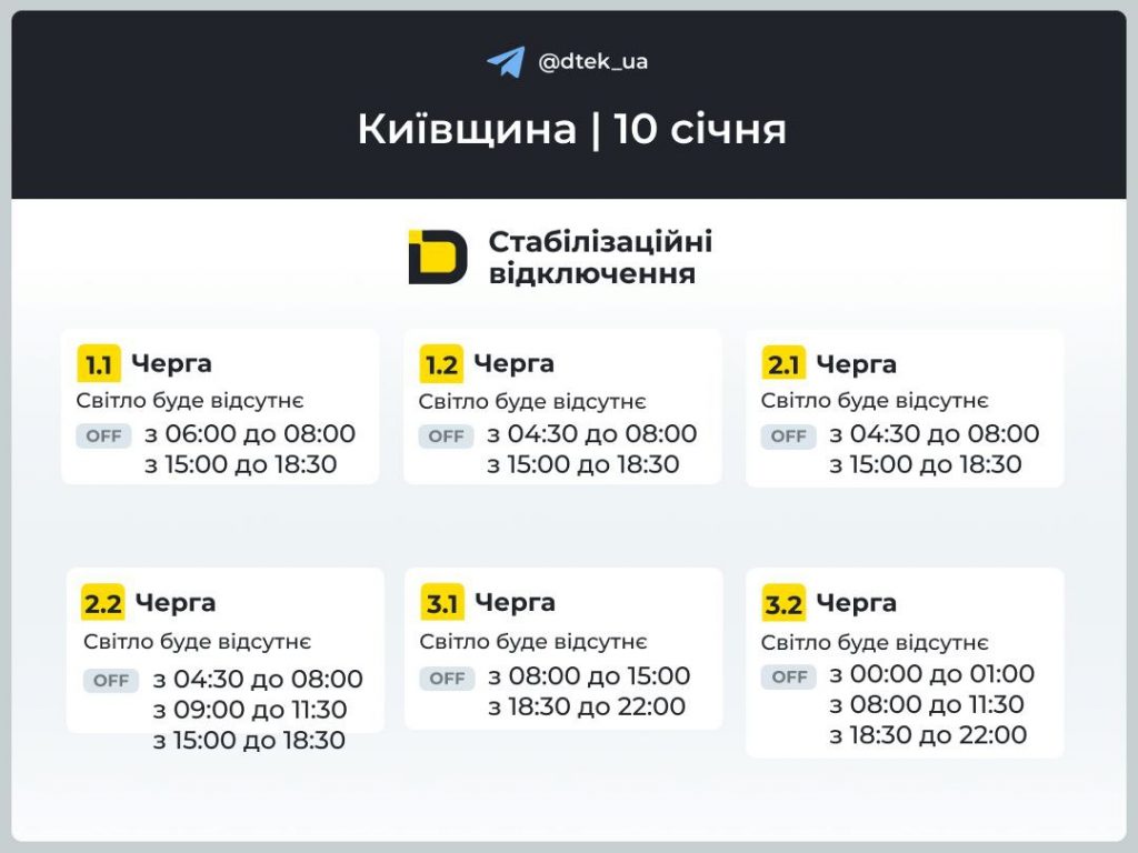 Відключення світла в Києві і Київській області сьогодні 10 січня 2026: графік і черги