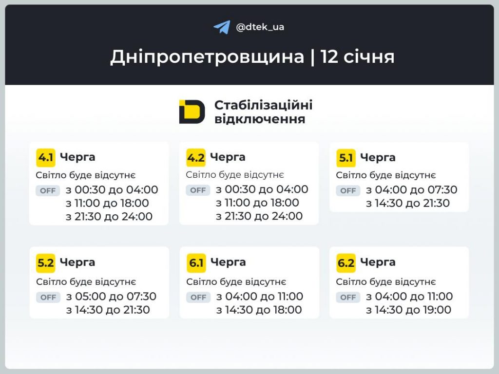 Відключення світла в Дніпрі та області 12 січня: повний графік і черги сьогодні