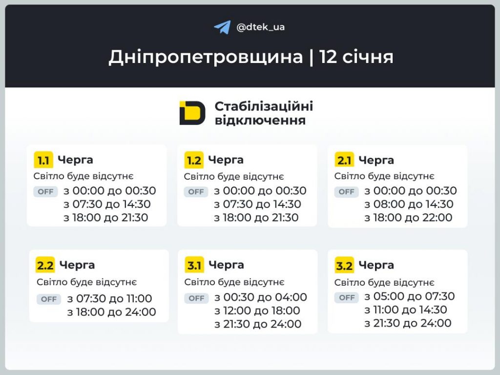 Відключення світла в Дніпрі та області 12 січня: повний графік і черги сьогодні