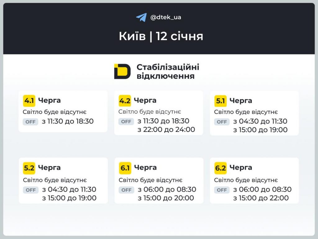 Відключення світла в Києві сьогодні 12 січня 2026: повний графік по чергах
