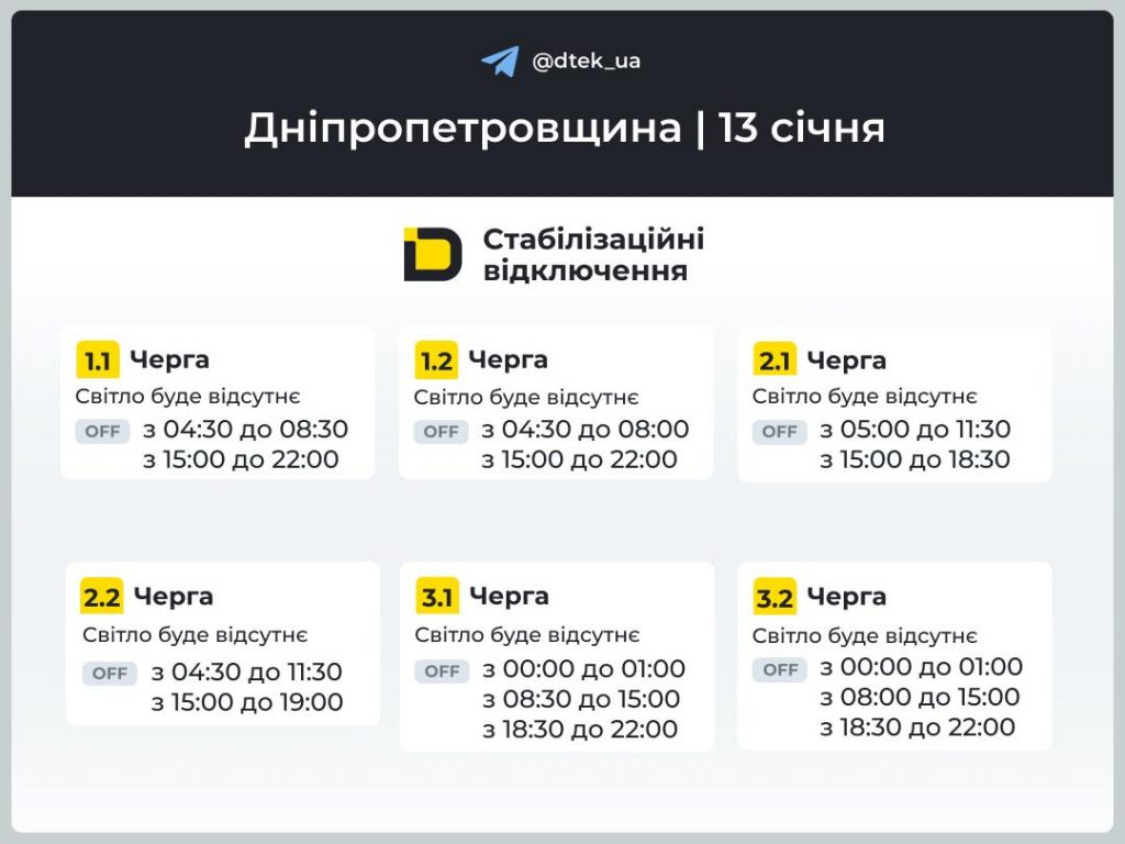 Відключення світла в Дніпрі та області 13 січня 2026: повний графік по чергах сьогодні
