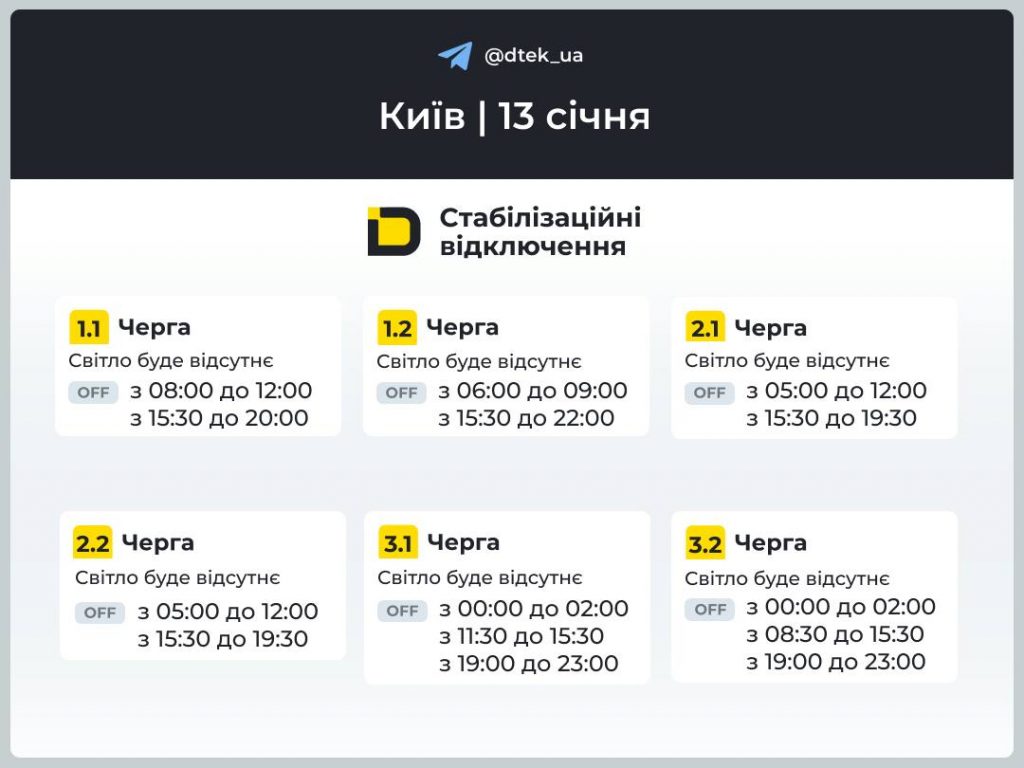 Відключення світла в Києві сьогодні 13 січня 2026: повний графік і черги